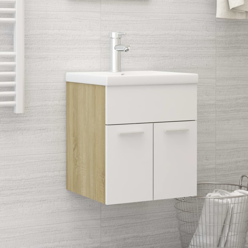    Mobile da Bagno con Lavabo Bianco e Rovere Sonoma in Truciolato