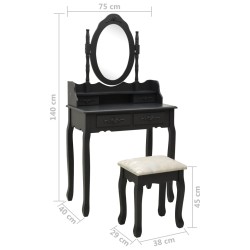    Tavolo da Trucco con Sgabello Nero 75x69x140 cm Legno Paulownia