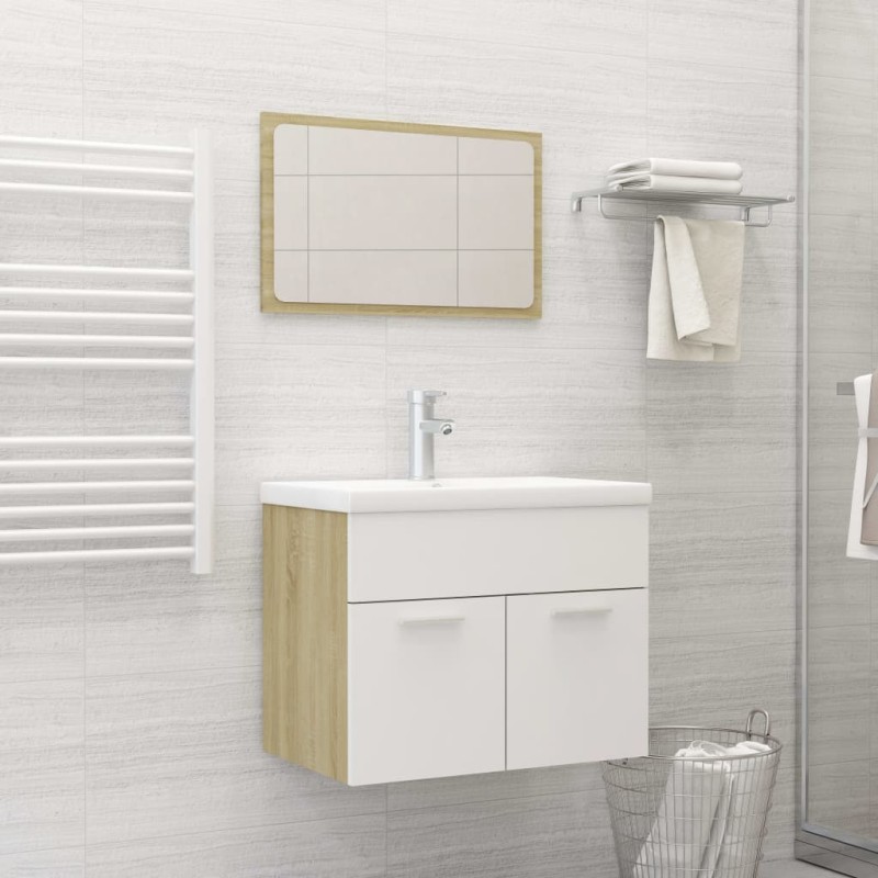 Set Mobili da Bagno Bianco e Rovere Sonoma in Truciolato