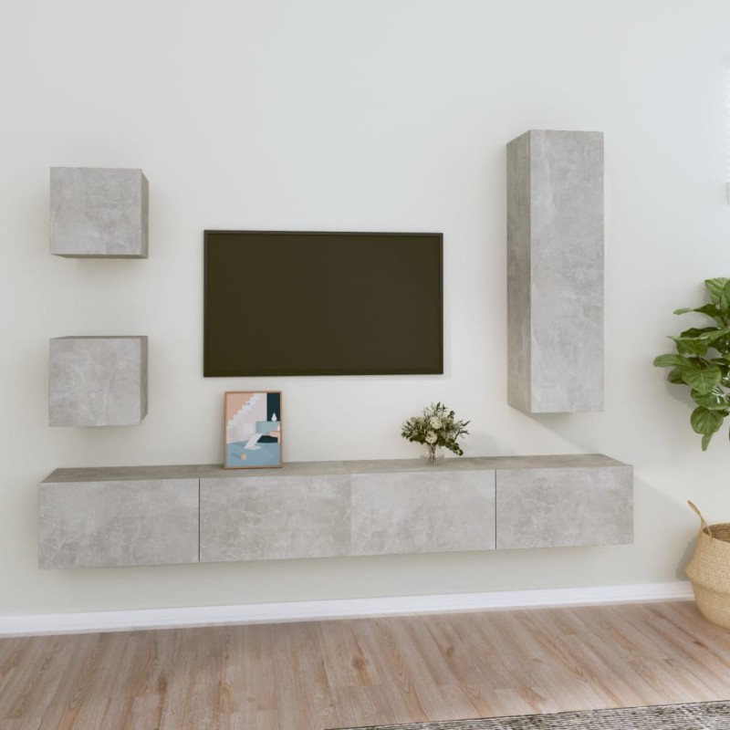 Set di Mobili Porta TV 5 pz Grigio Cemento in Legno Ingegnerizzato