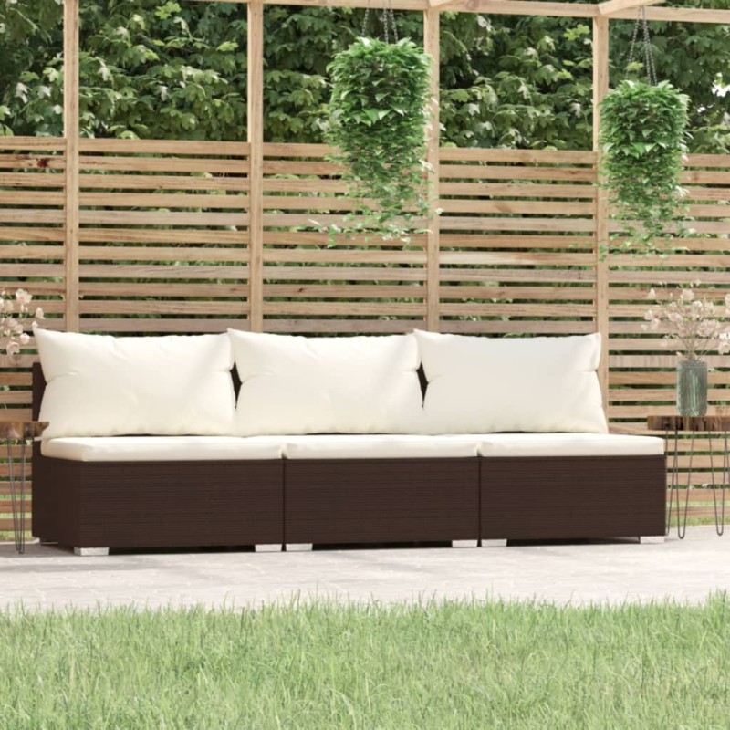    Divano a 3 Posti con Cuscini in Polyrattan Marrone