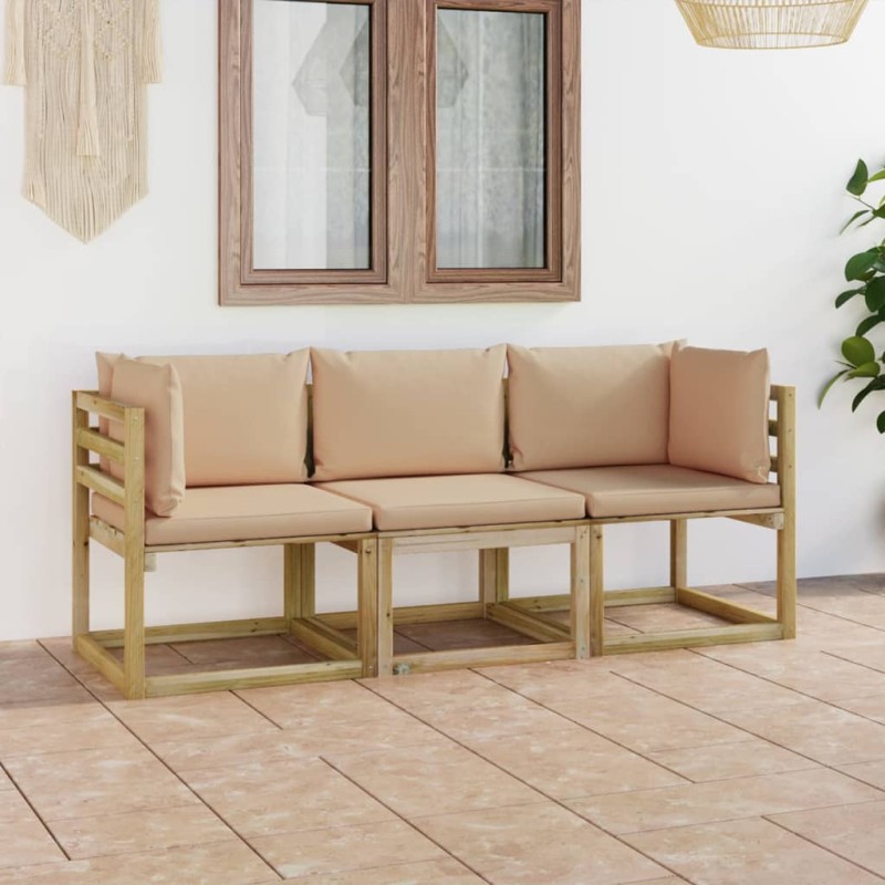 Divano da Giardino 3 Posti con Cuscini Beige