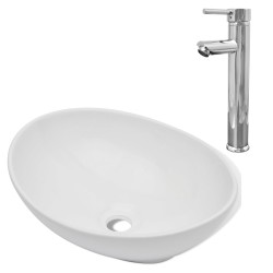   Lavello Bagno con Miscelatore in Ceramica Ovale Bianco