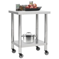 vidaXL Tavolo da Lavoro Cucina con Ruote 80x30x85 cm in Acciaio Inox