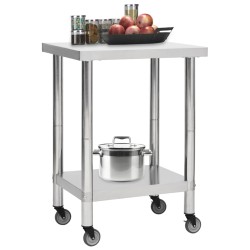 vidaXL Tavolo da Lavoro Cucina con Ruote 60x30x85 cm in Acciaio Inox