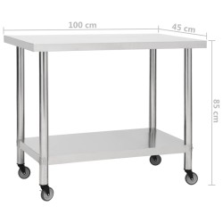 vidaXL Tavolo da Lavoro Cucina con Ruote 100x45x85 cm in Acciaio Inox