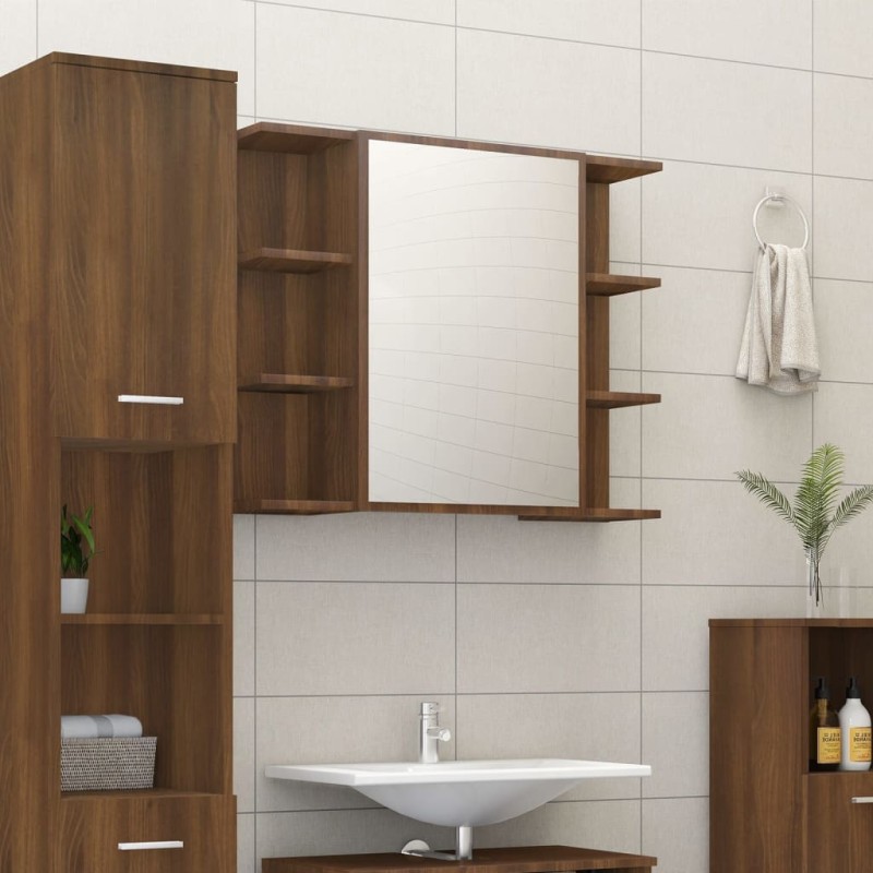   Mobile da Bagno Specchio in Rovere Marrone 80x20,5x64 cm Legno