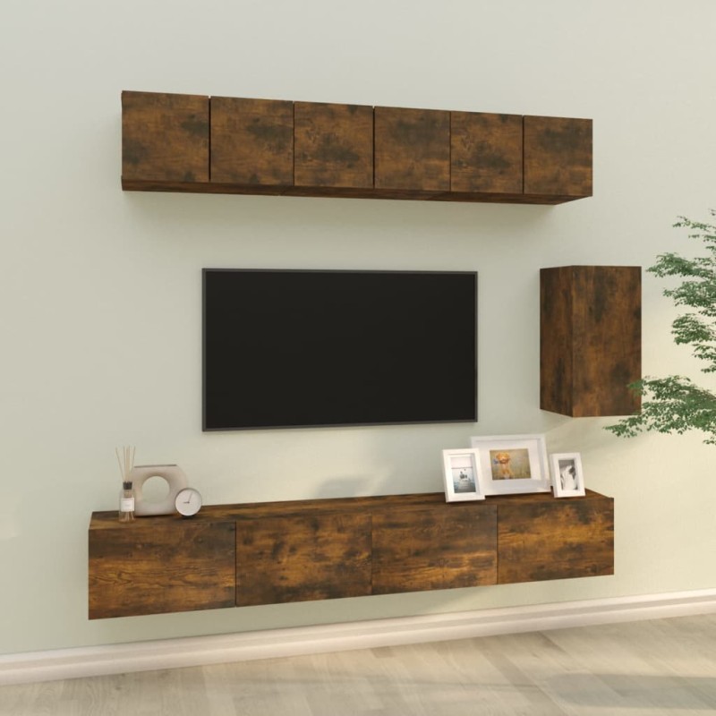 Set di Mobili Porta TV 6 pz Rovere Fumo in Legno Ingegnerizzato