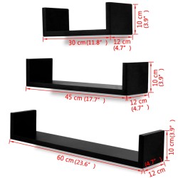 vidaXL Mensole per Pareti Nere 3 pz Forma a U in MDF per Libri/DVD