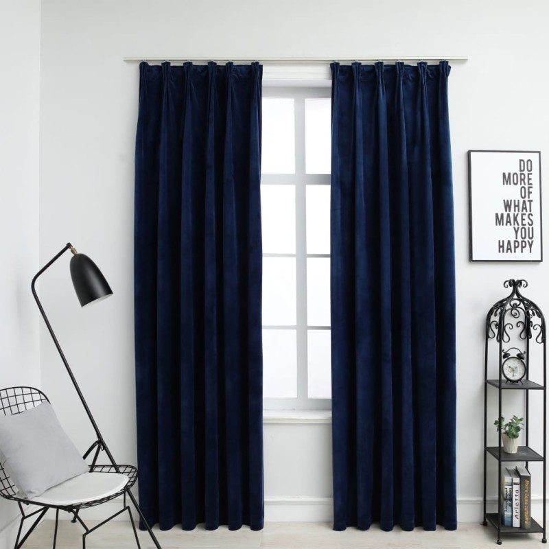 vidaXL Tende Oscuranti con Ganci 2 pz Blu Scuro in Velluto 140x225 cm