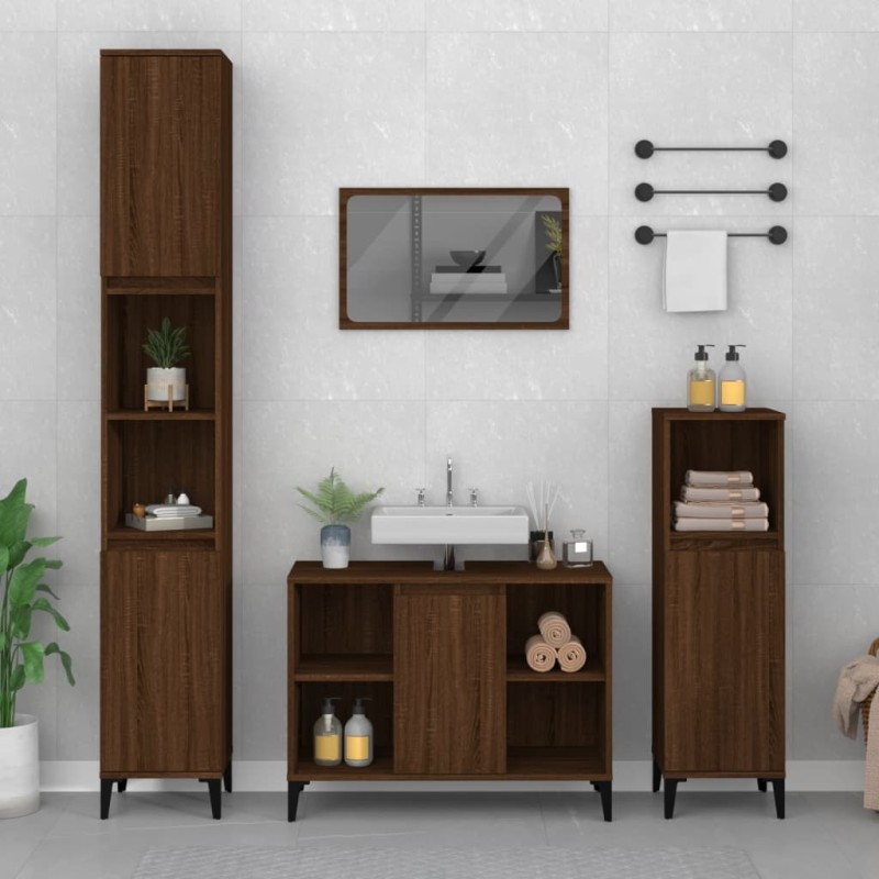 Set Mobili da Bagno 3 pz Rovere Marrone in Legno Ingegnerizzato