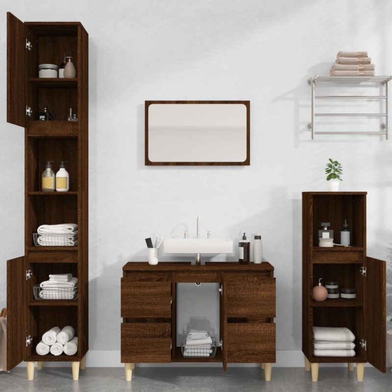 Set Mobili da Bagno 3 pz Rovere Marrone in Legno Ingegnerizzato