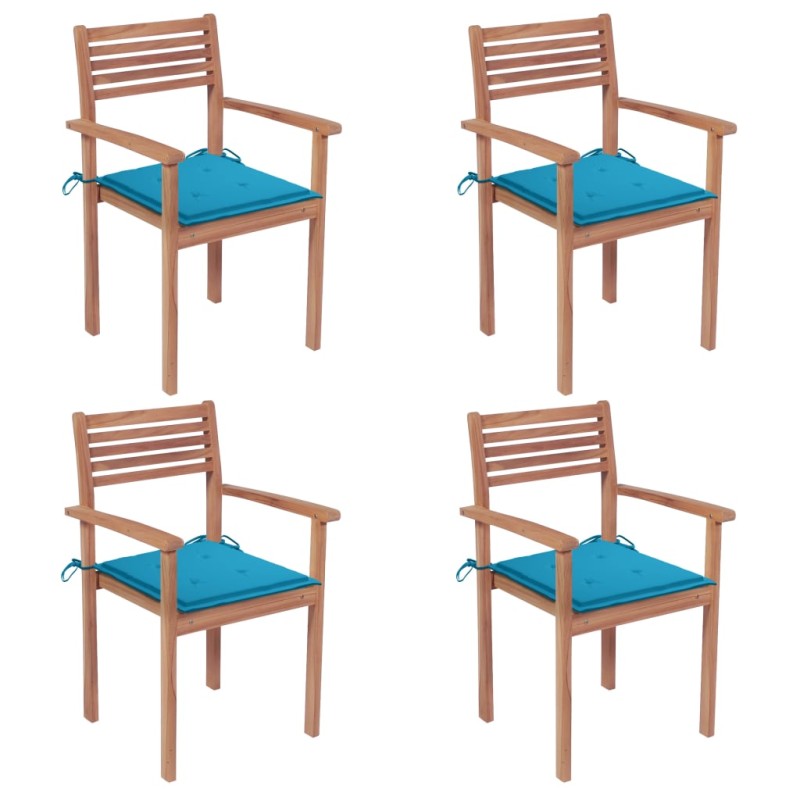    Sedie da Giardino 4 pz con Cuscini Blu Massello di Teak