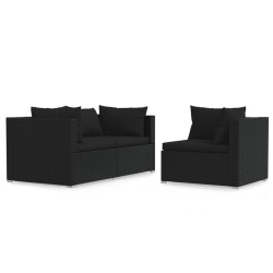 vidaXL Set Divani da Giardino 3 pz con Cuscini in Polyrattan Nero