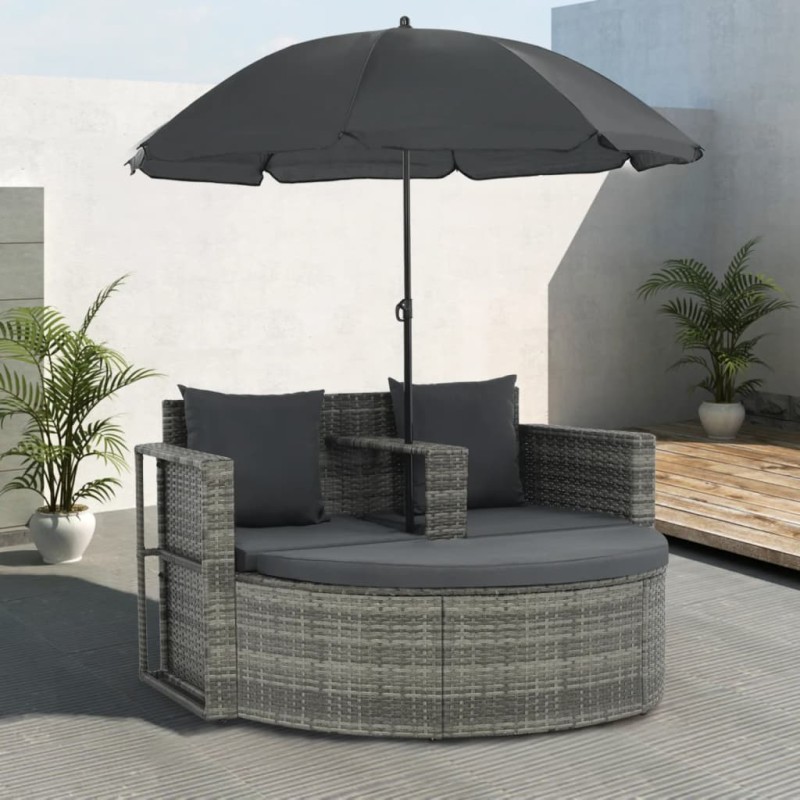 vidaXL Divano da Giardino 2 Posti Cuscini Ombrellone Grigio Rattan PE