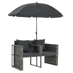 vidaXL Divano da Giardino 2 Posti Cuscini Ombrellone Grigio Rattan PE