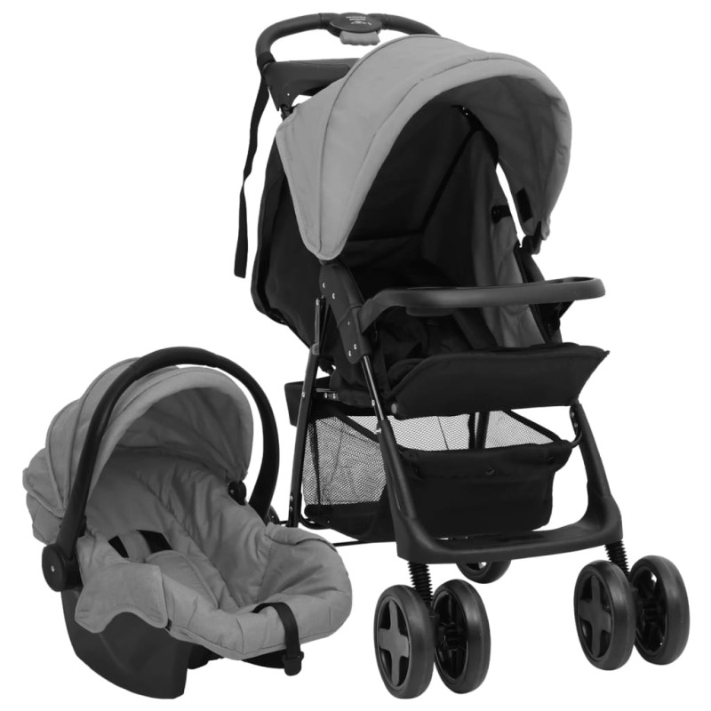 vidaXL Passeggino 3 in 1 Grigio Chiaro e Nero in Acciaio