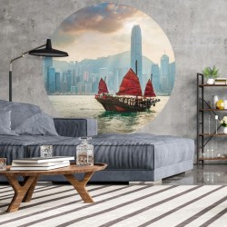 WallArt Cerchio Carta da Parati Skyline with Junk Boat 190 cm