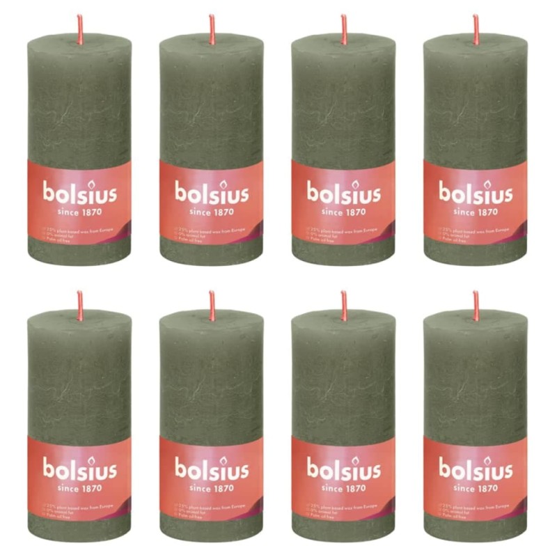 Bolsius Candele Rustiche a Colonna 8 pz 100x50 mm Verde Oliva