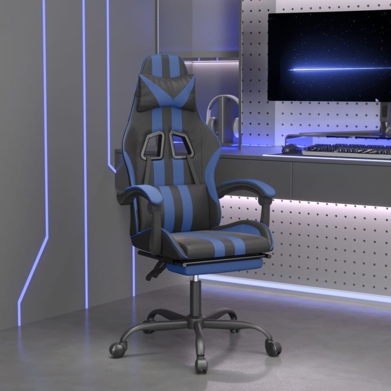 Sedia da Gaming Girevole con Poggiapiedi Nero e Blu Similpelle