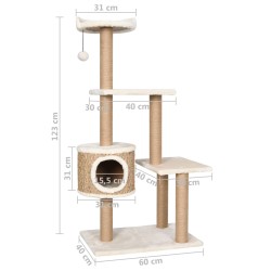    Albero per Gatti con Palo Tiragraffi 123 cm in Giunco