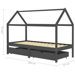    Giroletto Bambini Cassetti Grigio Scuro Pino Massello 90x200 cm