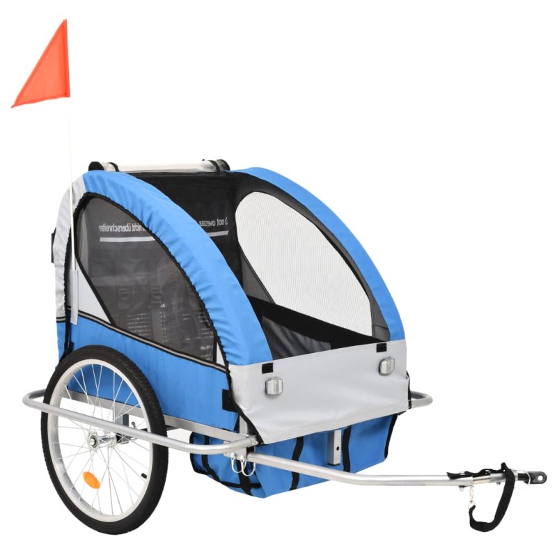 vidaXL Rimorchio da Bici per Bambini e Passeggino 2 in 1 Blu e Grigio