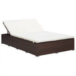    Lettino Prendisole a 2 Posti con Cuscino in Polyrattan Marrone