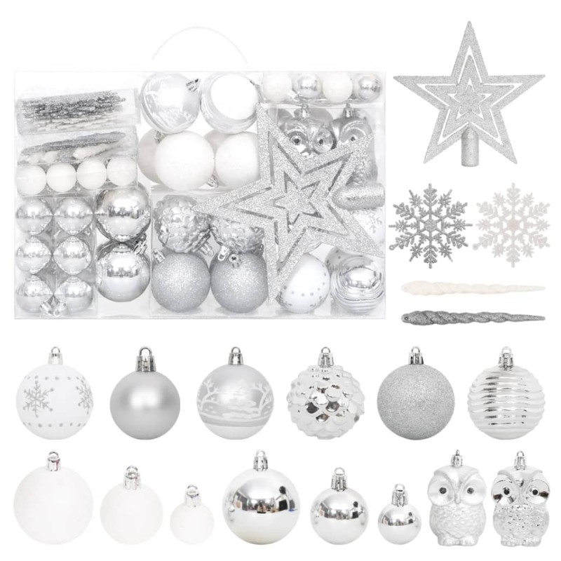 vidaXL Set Addobbi di Natale 108 pz Argento e Bianco