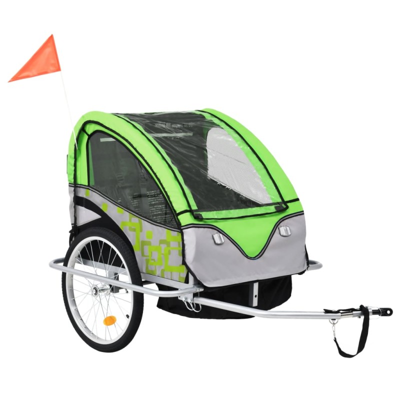 vidaXL Rimorchio Bici per Bambini e Passeggino 2 in 1 Verde e Grigio