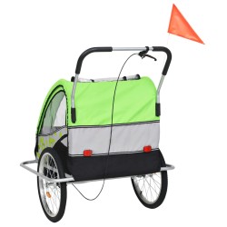 vidaXL Rimorchio Bici per Bambini e Passeggino 2 in 1 Verde e Grigio