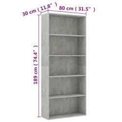 vidaXL Libreria a 5 Ripiani Grigio Cemento 80x30x189 cm in Truciolato